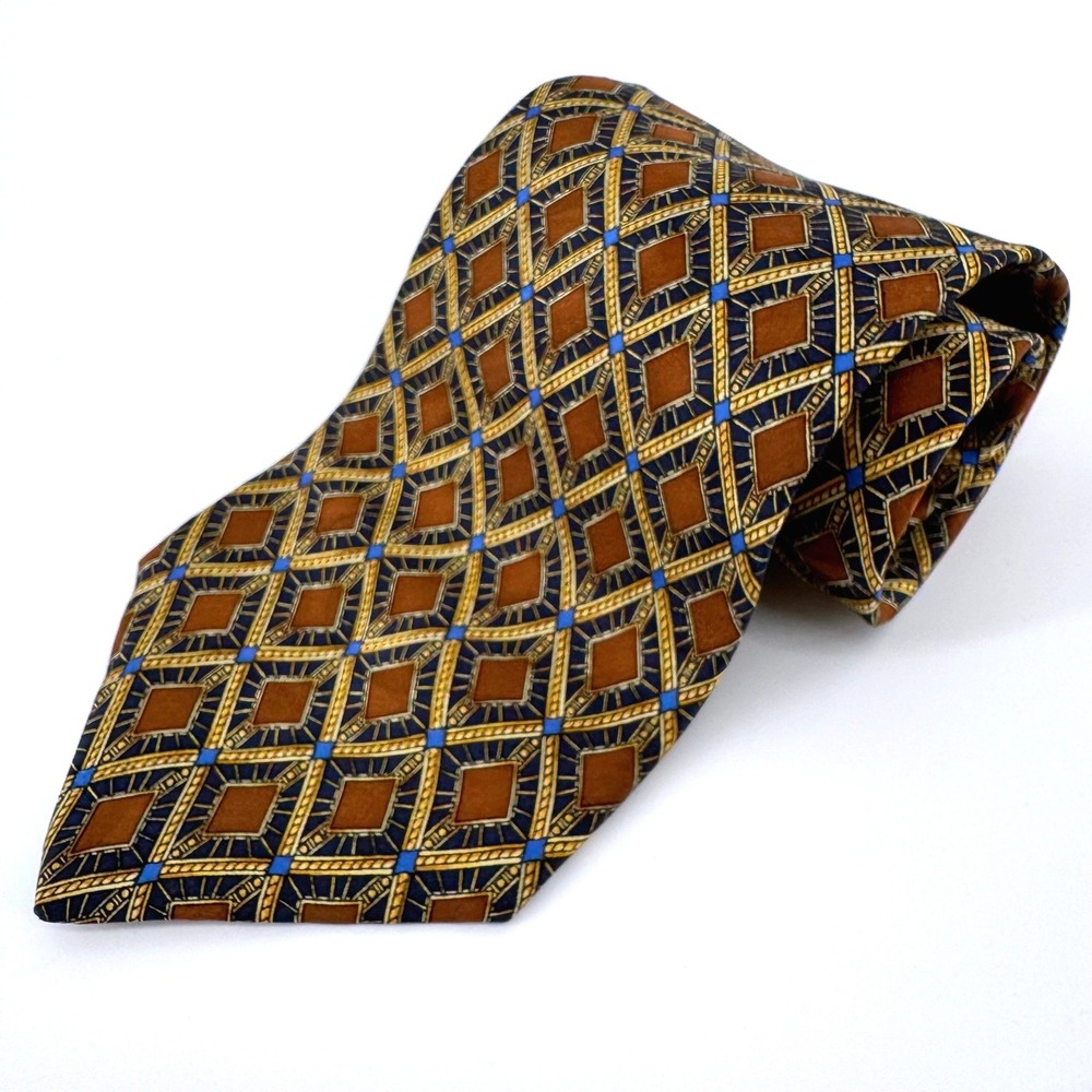 Bruno Piattelli Necktie Mens OS Brown Navy Gold Geometric Diamond Silk USA 58"